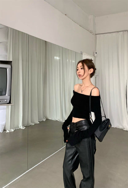 Wed. 氣質一字領針織上衣 黑