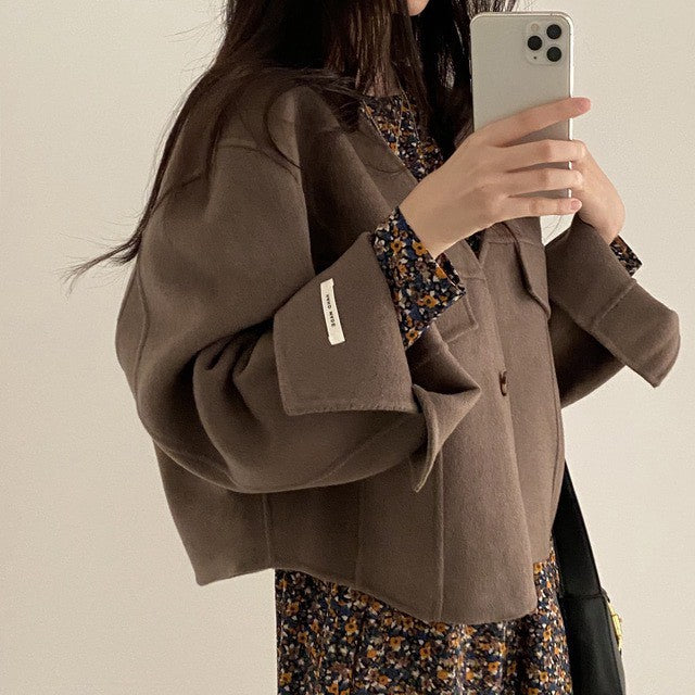 Mon. 氣質慵懶寬鬆毛呢外套 燕麥/深咖