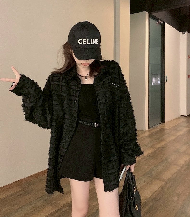 Tue. 小香粗呢鬚邊方格寬鬆襯衫 黑