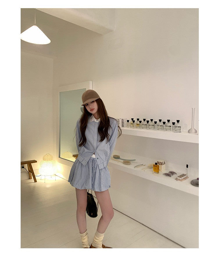 Tue. 冷調錫藍格紋花苞裙套裝