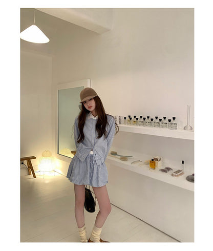 Tue. 冷調錫藍格紋花苞裙套裝