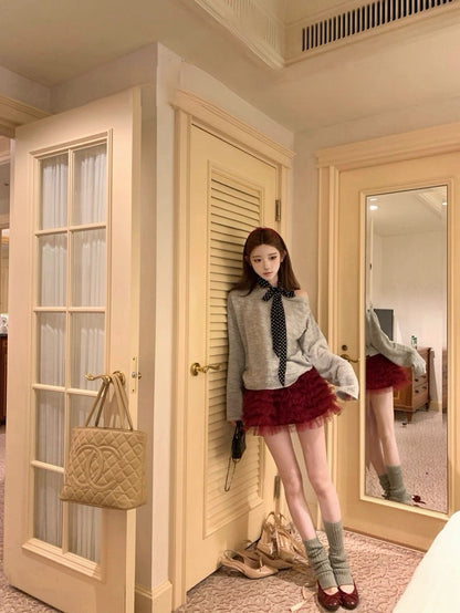 Tue. 糯糯雪餅 柔軟海馬絨暗紋寬鬆毛衣2色/喜氣網紗蛋糕裙