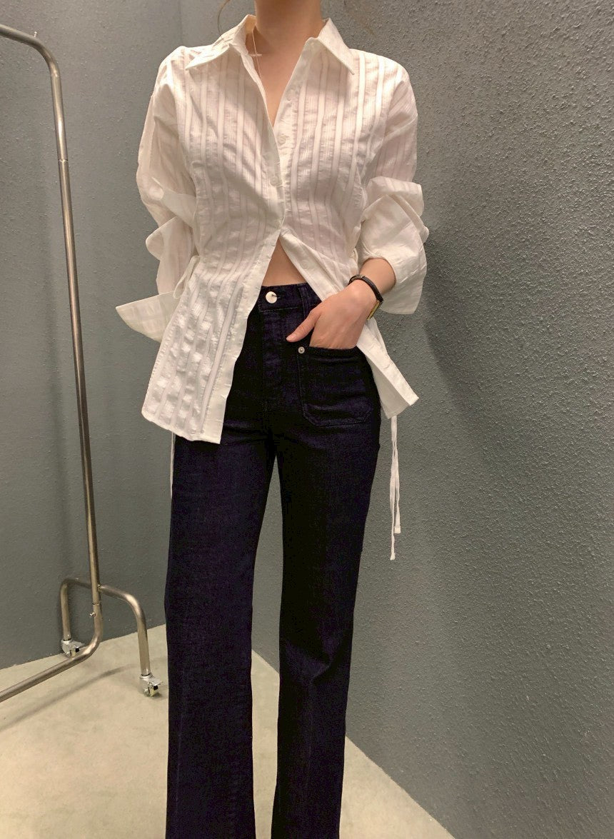 Mon. 個性翻領收腰抽繩可調襯衫 粉/白