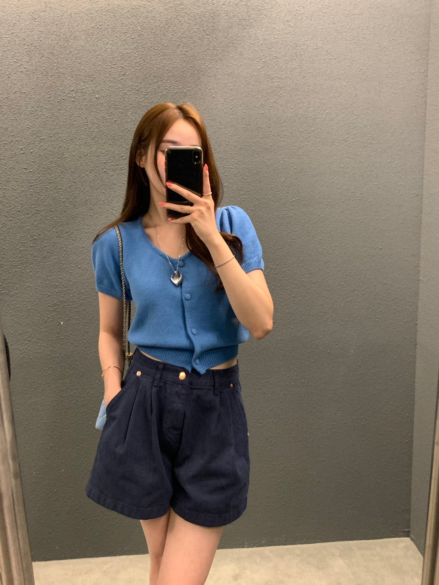 Tue. 泡泡袖針織圓領上衣 藍