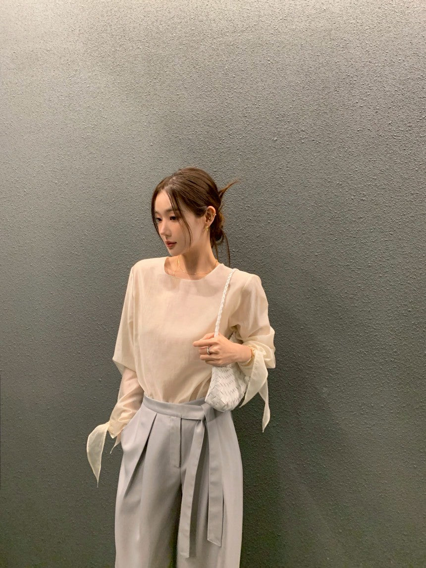 Thu. 春夏chic韓系簡約蝴蝶結綁袖上衣 杏色/卡其