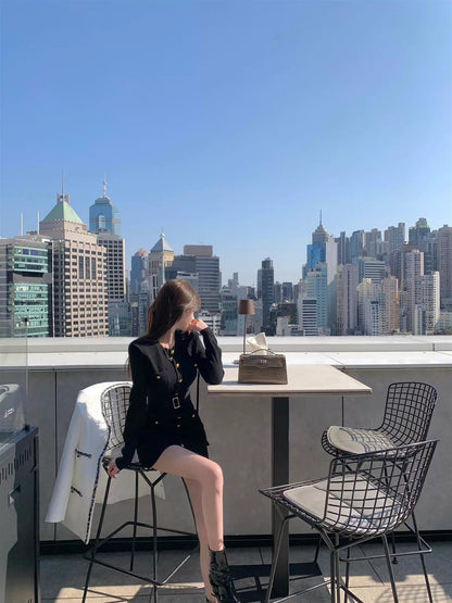 Thu. 江浙滬千金腰帶式金釦圓領針織連衣裙 黑