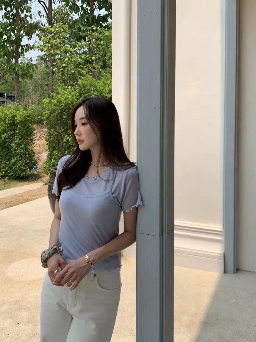Thu. 顯嫩少女波浪袖兩件式疊穿上衣 藍