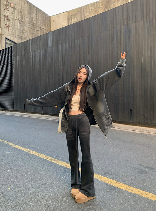 Sat. 休閒水洗灰連帽外套 微喇叭休閒褲