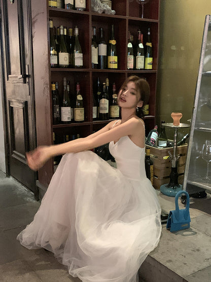 Sun. 芭蕾網紗拼接連身裙 白