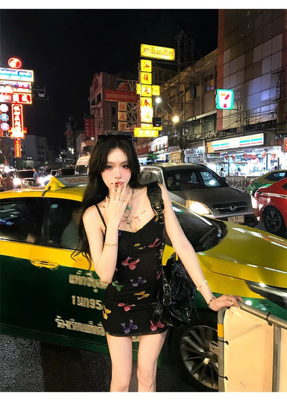 Mon. 蝴蝶逸逃Y2K風格彩繪細肩吊帶裙 黑
