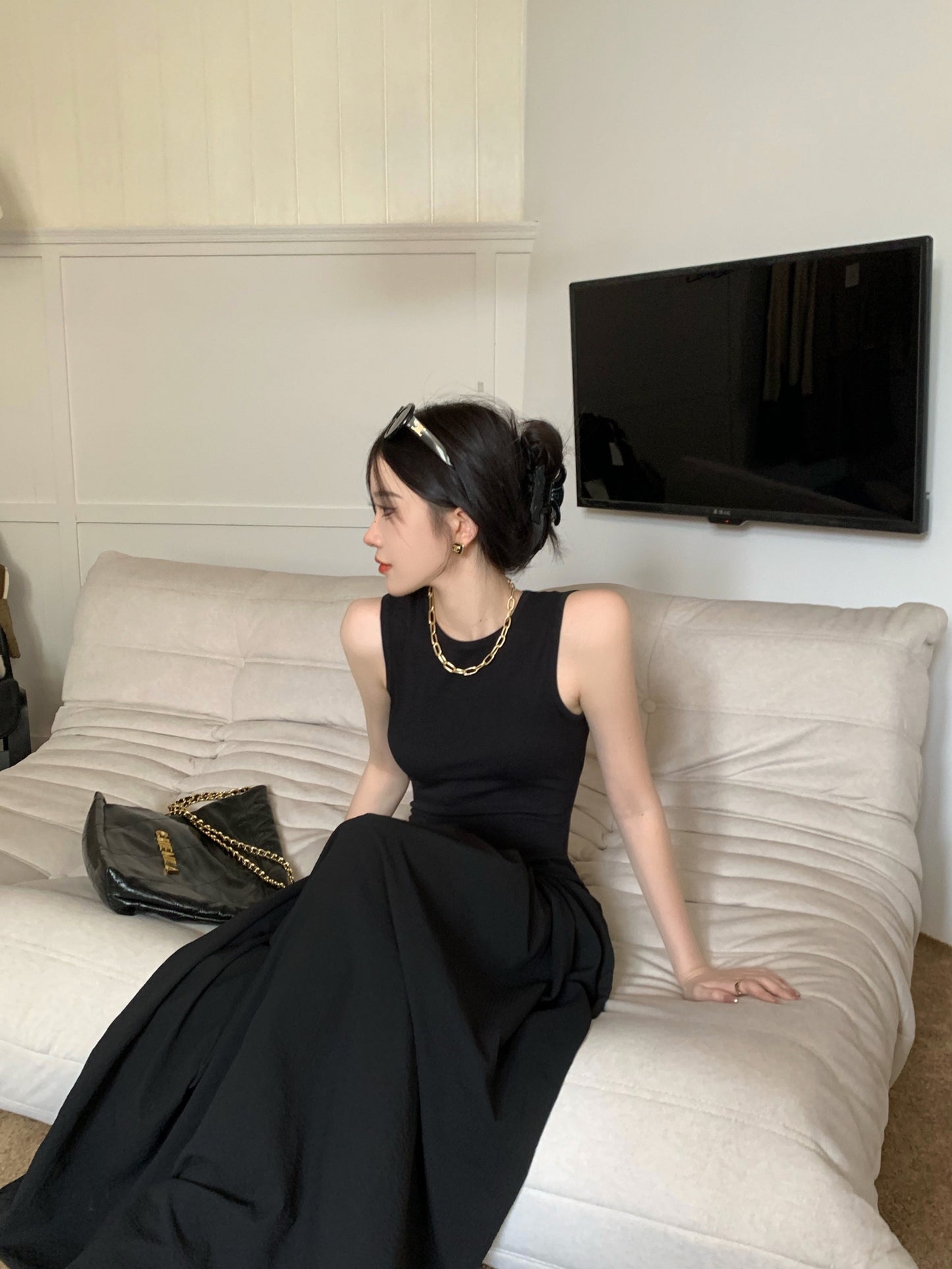 Thu. 修身縷空背心拼接裙 黑