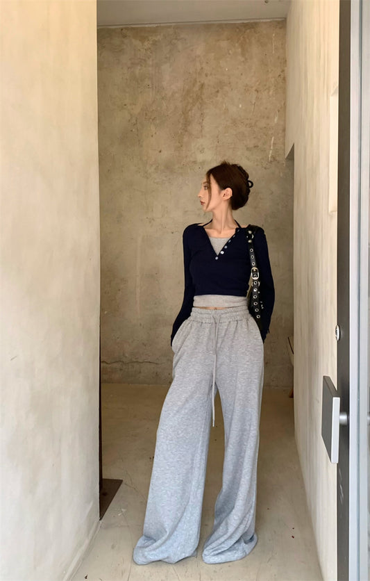 Wed. 假兩件式排扣上衣 & 運動休閒褲 灰