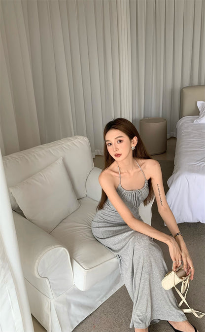 Thu. 修身雙肩拉繩連身裙 灰