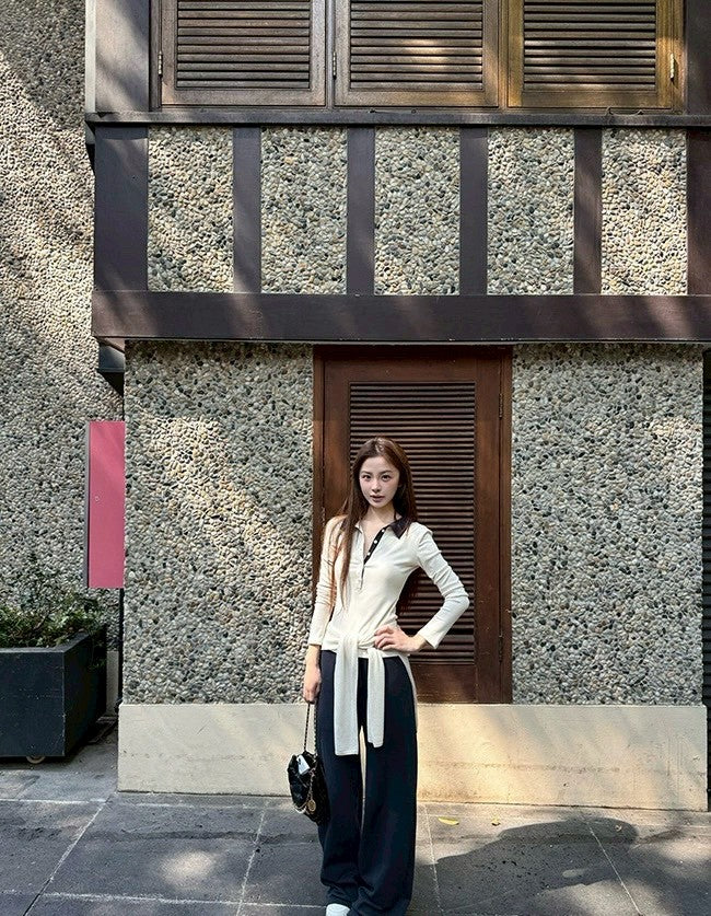 Fri. 智性感撞色polo鈕扣上衣 灰/米