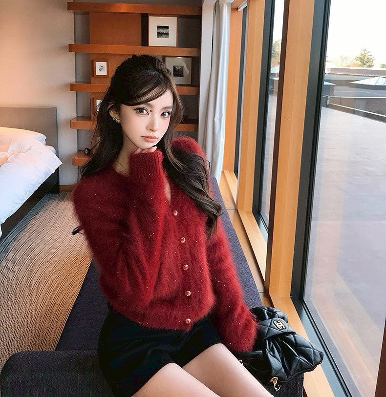 Tue. Wink絨感鎏金仿兔絨亮紗紅開衫