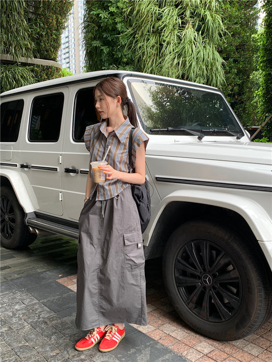 Tue. 復古條紋抓皺襯衫 咖