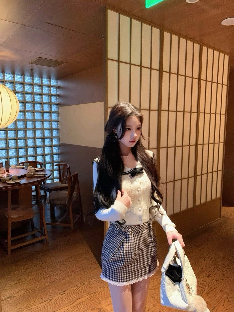 Tue. 韓女冬日海軍風撞色針織上衣 千鳥格紋裙