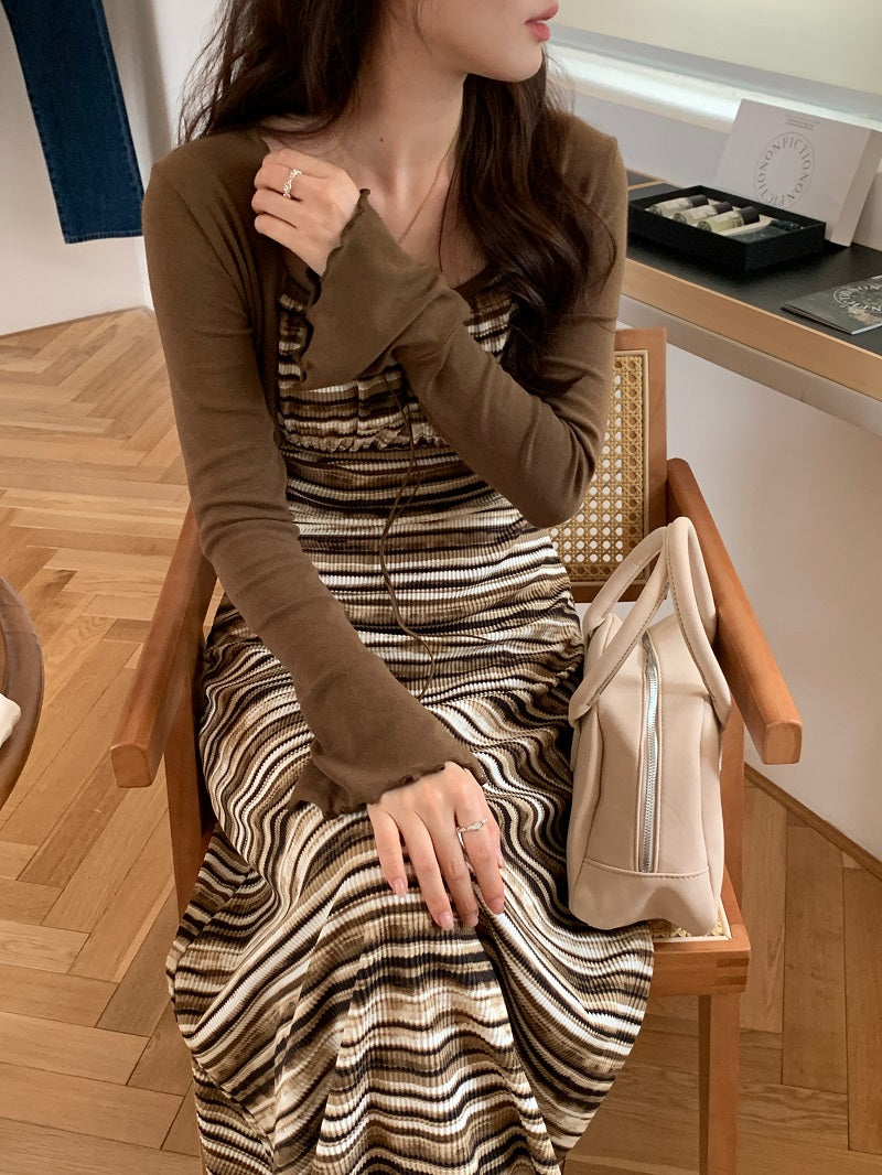 Wed. 美拉德色系條紋連身裙&防曬薄外套