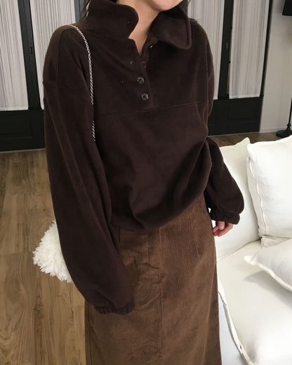 Mon. 日系氛圍鈕扣領慵懶長袖上衣 灰/咖