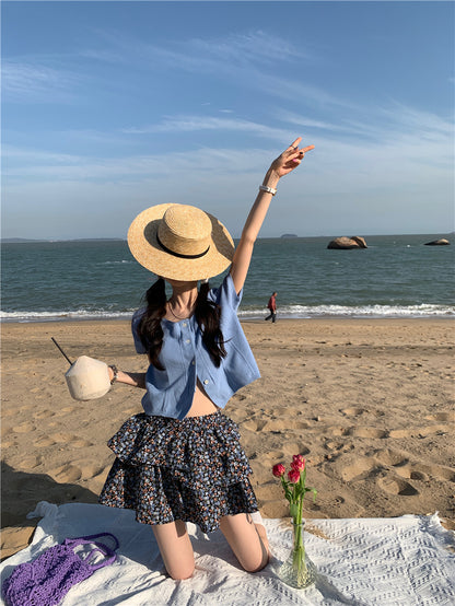 Thu. 方領針織鈕扣上衣 霧霾藍  蛋糕花裙