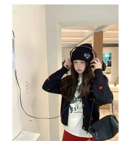 Tue. 雪夜遊樂園韓系波點撞色針織外套 白/黑