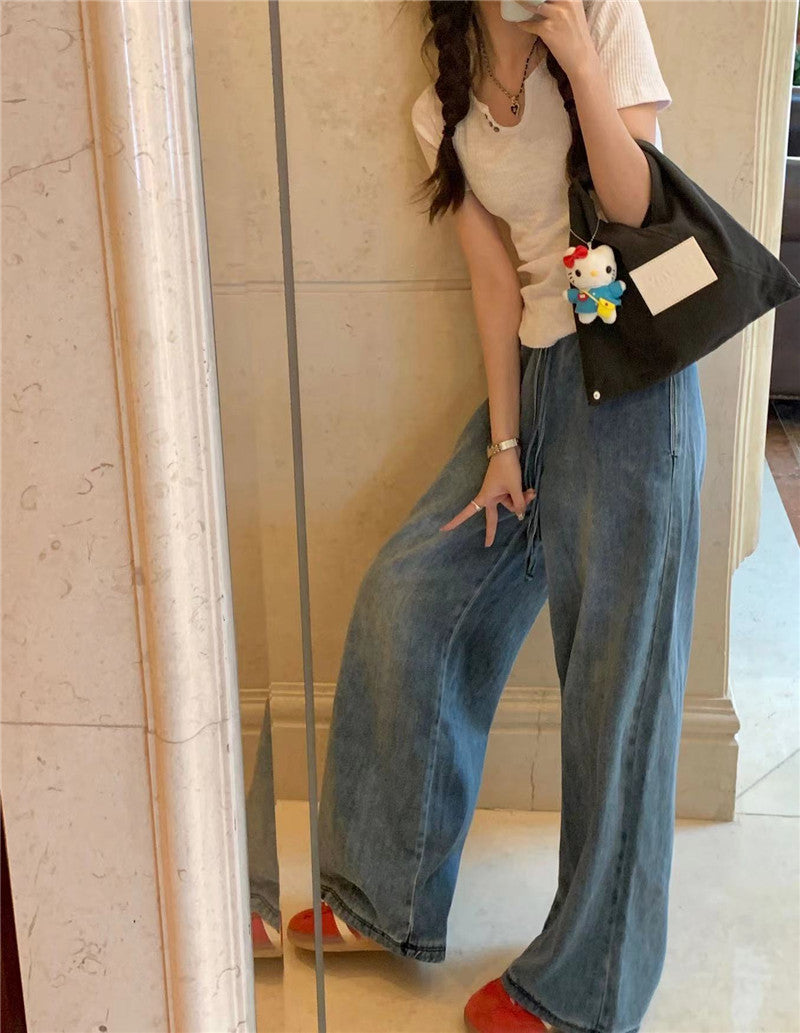 Thu. 牛仔繩綁帶鬆緊牛仔拖地長褲