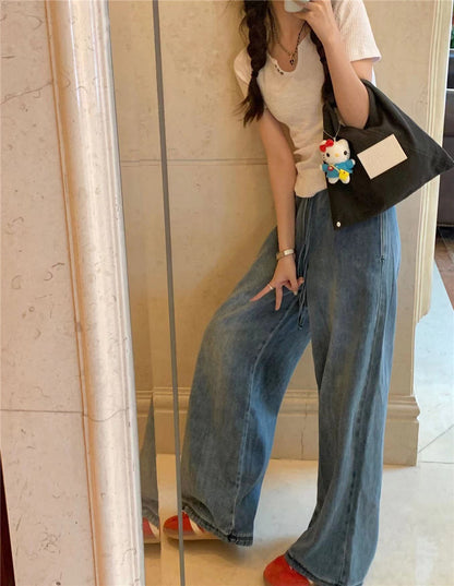 Thu. 牛仔繩綁帶鬆緊牛仔拖地長褲