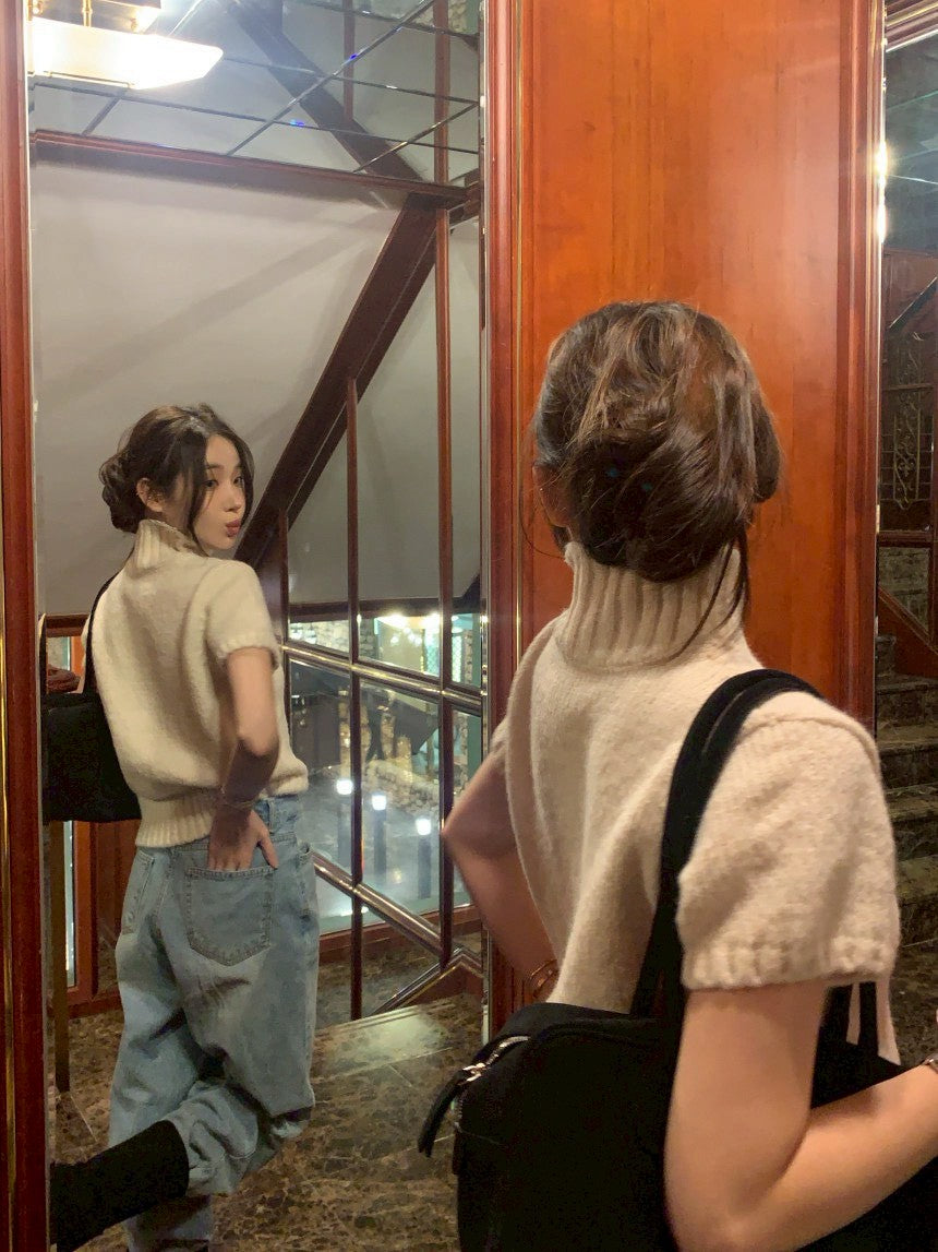 Mon. 韓女鬆弛感高領泡泡針織上衣 杏/灰