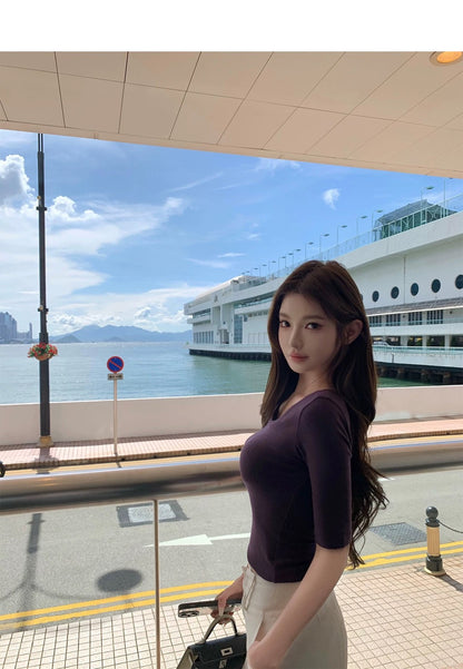 Thu. 超好搭韓女氣質五分袖U領上衣 白/紫