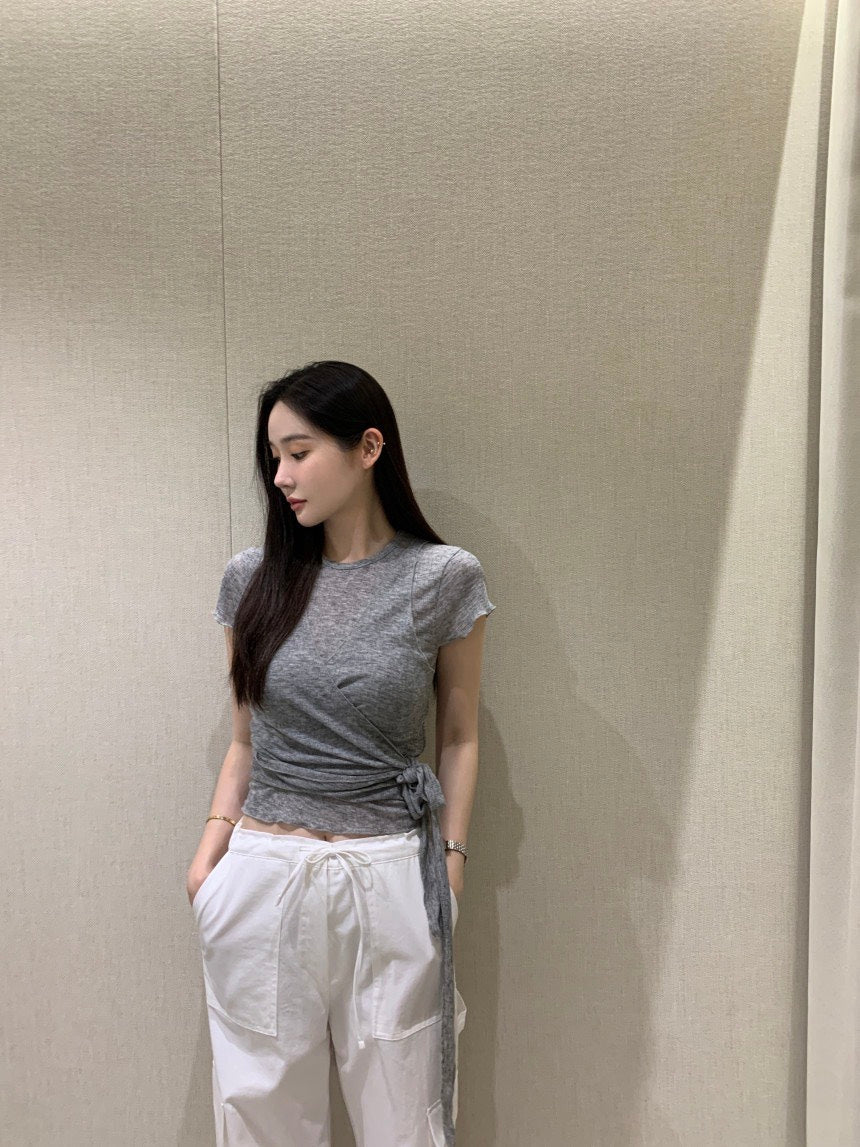 Tue. 氣質捲邊透棉上衣綁帶背心2件組 灰