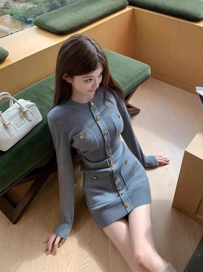 Thu. 江浙滬千金腰帶式金釦圓領針織連衣裙 灰