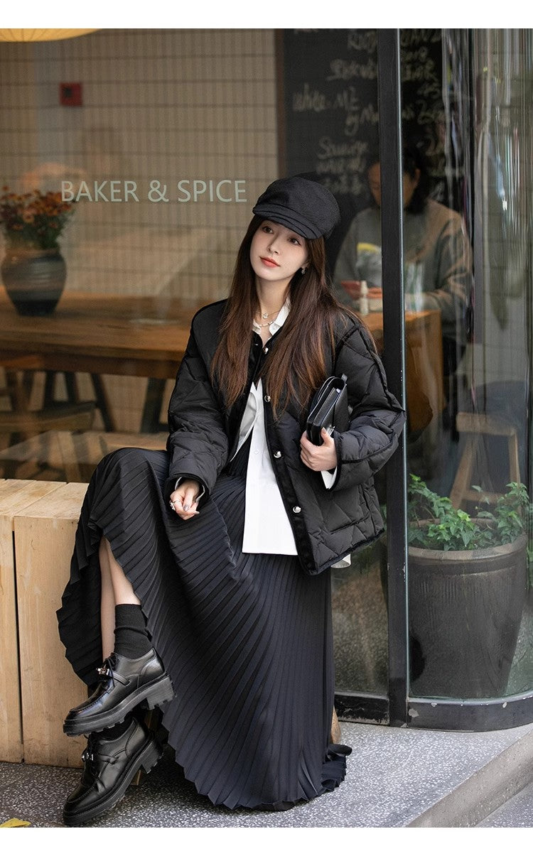 Sun. 經典黑 菱格圓領白鴨絨外套