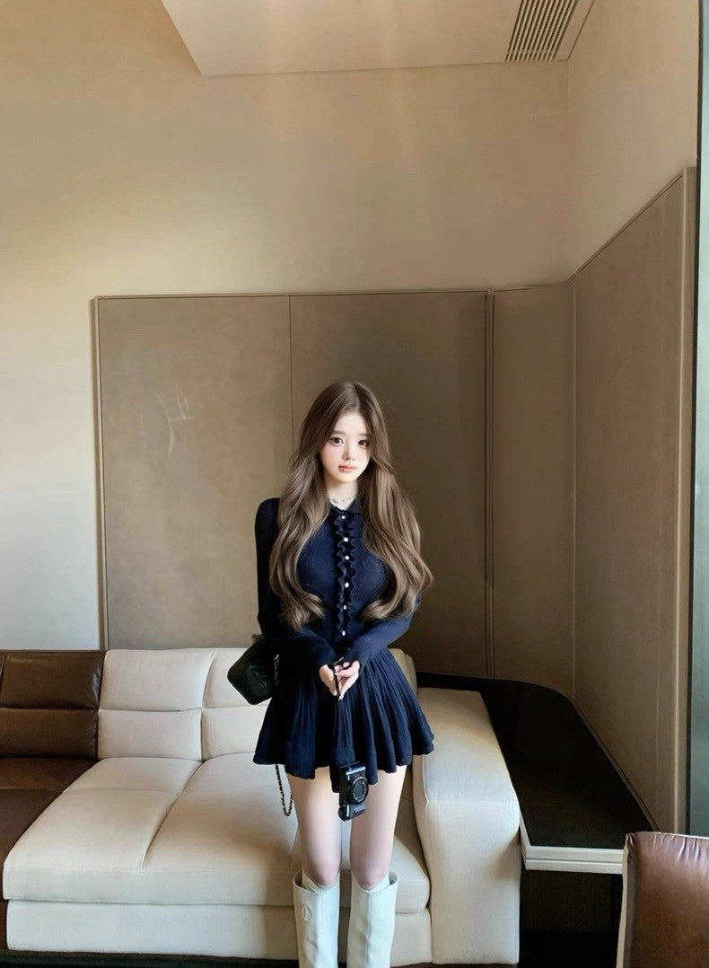 Tue. 優等生公式 藏藍木耳邊針織半身裙套裝