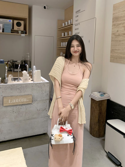 Sun. 慵懶杏色罩衫 & 百搭綁帶連身裙 粉