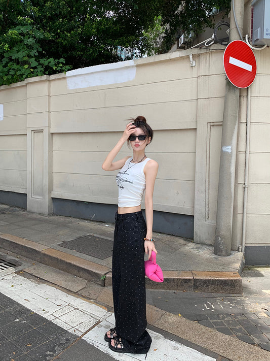 Mon. 波點牛仔寬褲 黑 新色