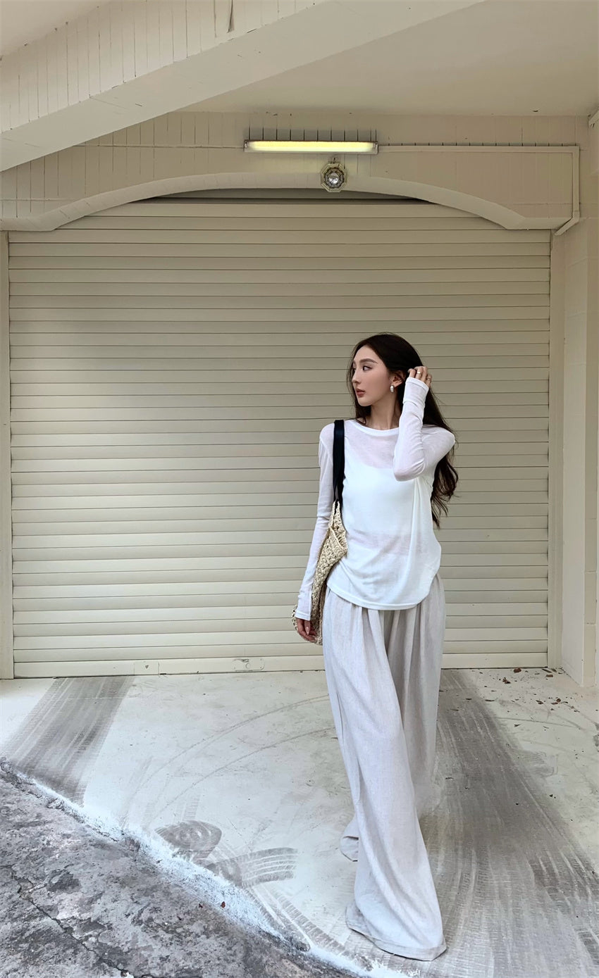 Mon. 透視感上衣 & 落地休閒褲 奶白