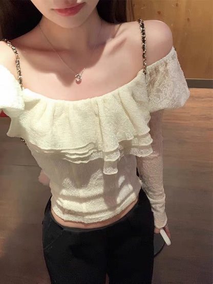 Fri. Vtg小香典藏一字荷葉領提花上衣 奶杏色