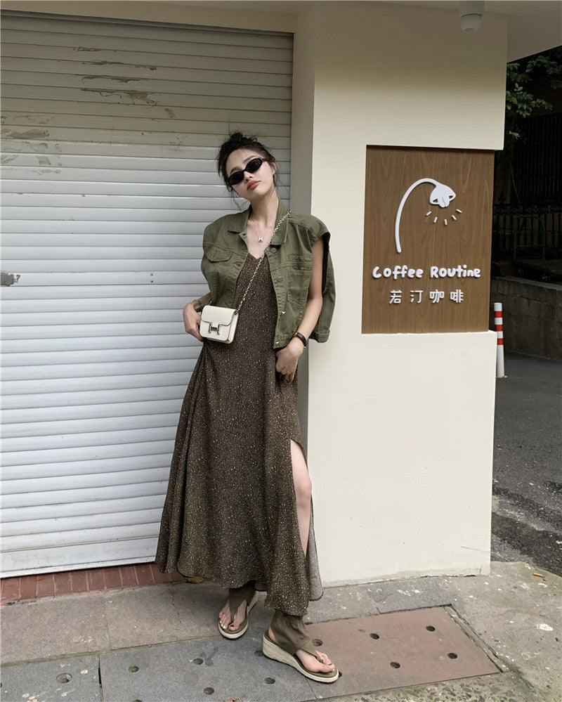 Thu. 復古v領連身長裙 復古排扣背心