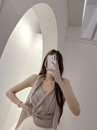 雅典女神V領綁領雪紡上衣 藕粉