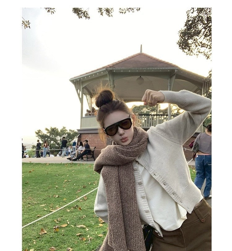 Thu. 海灣花園 混紡羊毛百搭針織開衫 紫/灰米