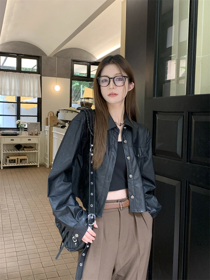 Mon. 今年必入短版皮襯衫外套 黑/咖