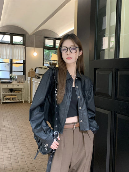 Mon. 今年必入短版皮襯衫外套 黑/咖