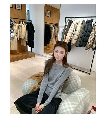 Thu. Cheese拿鐵韓系修身圓領針織打底 白/灰