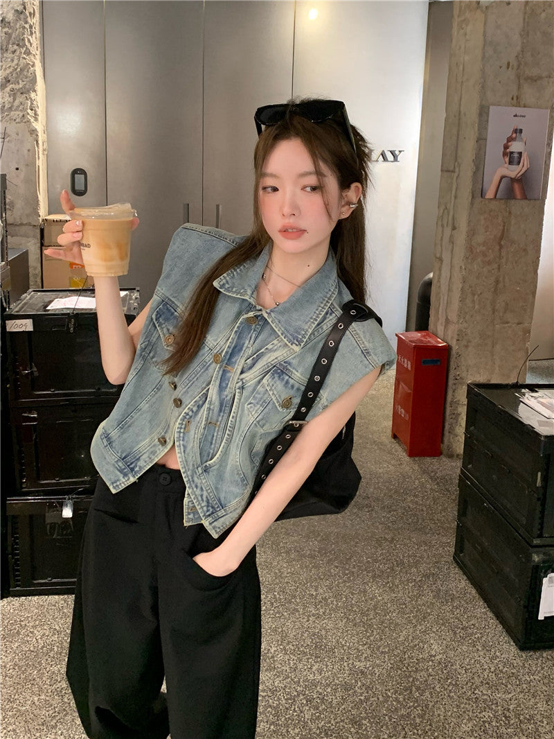 Thu. 不對稱單扣繞繩無袖牛仔外套