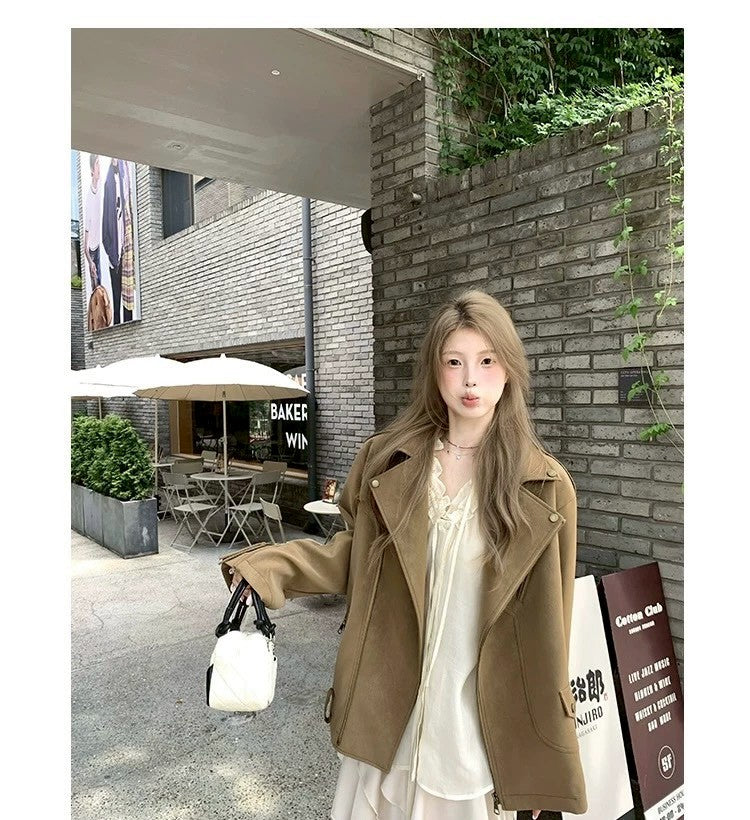 Thu. 博西雅重工時髦休閒皮衣夾克 卡其