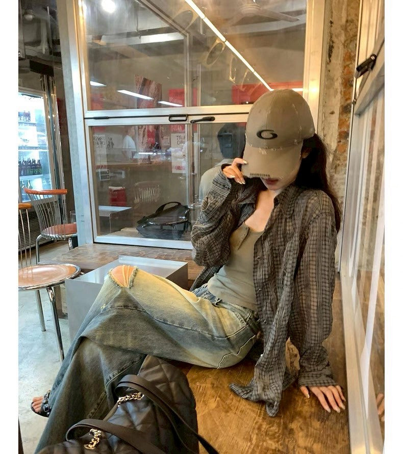 Mon. 復古壓褶做舊刷破美系牛仔褲