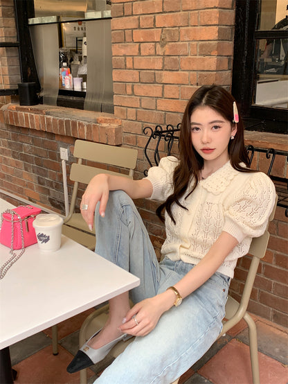 Thu. 氣質繡花縷空上衣 白