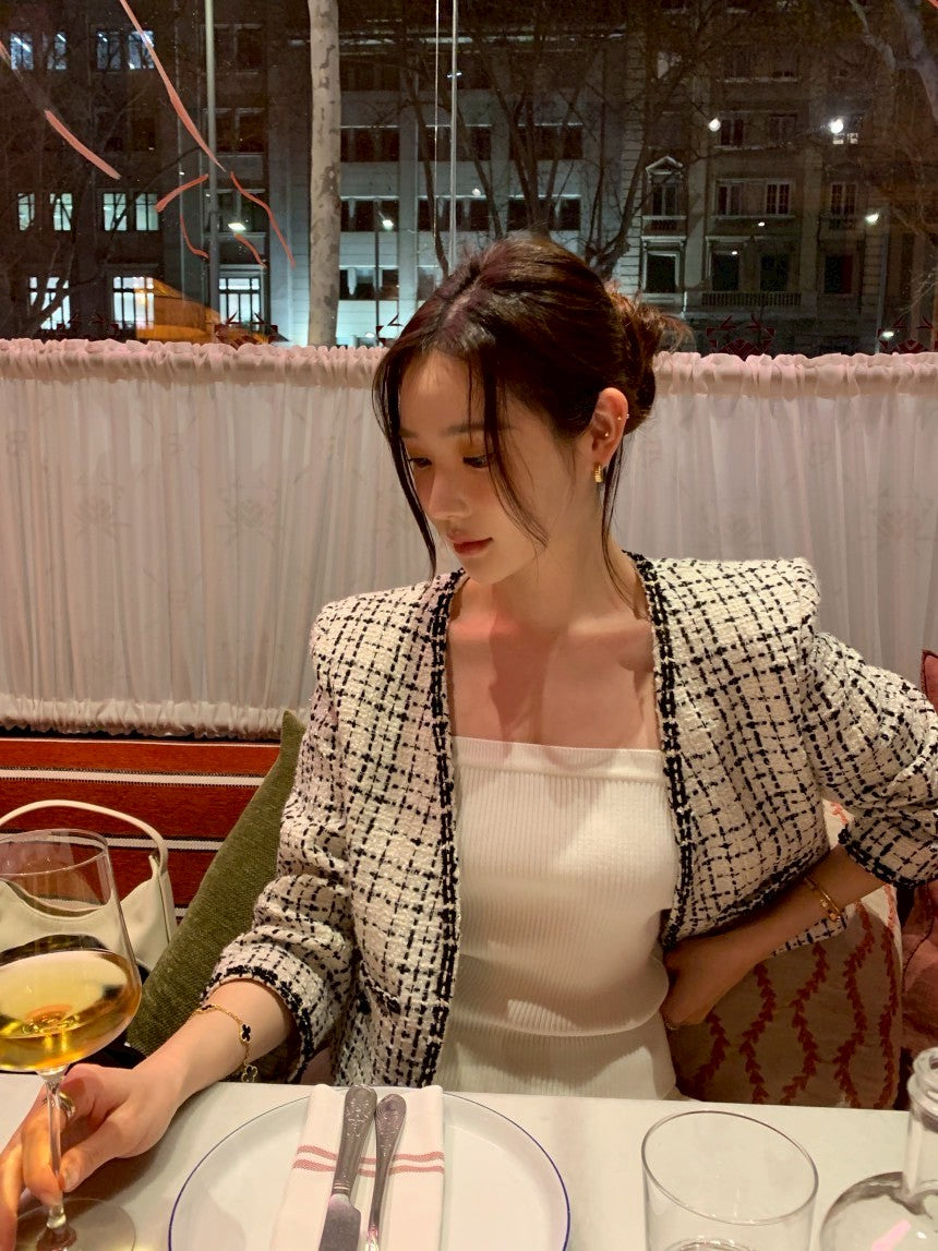 Thu. 時髦韓女vide修身針織抹胸 灰/米白