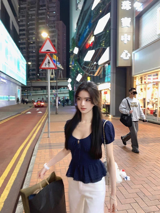 Fri. 法式少女重工方領純棉上衣 藍