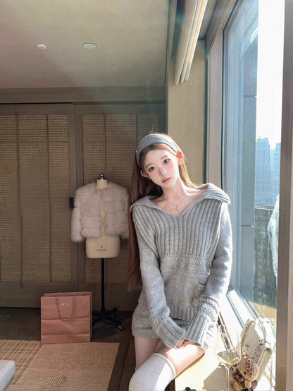 Tue. 氣質冷女高雅灰大翻領口袋羊毛半裙套裝